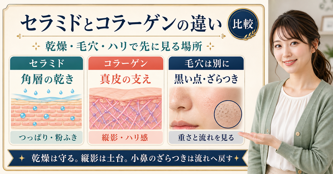 セラミドとコラーゲンの違いを角層・真皮・毛穴で分ける美容解説ボード