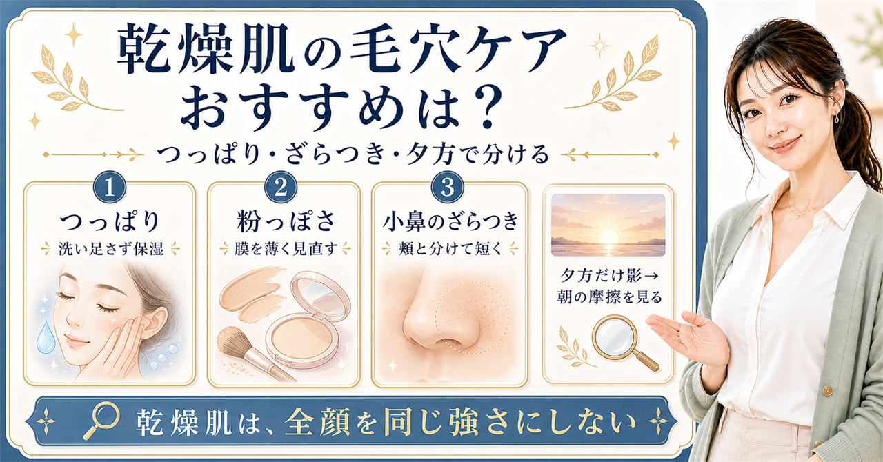 乾燥肌の毛穴ケアおすすめを頬と小鼻で分ける美容解説ボード