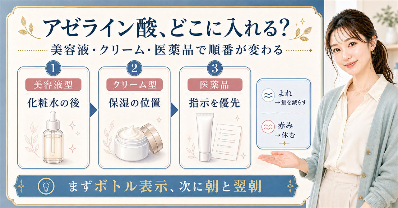 アゼライン酸を美容液・クリーム・医薬品に分けて使う順番を示す図