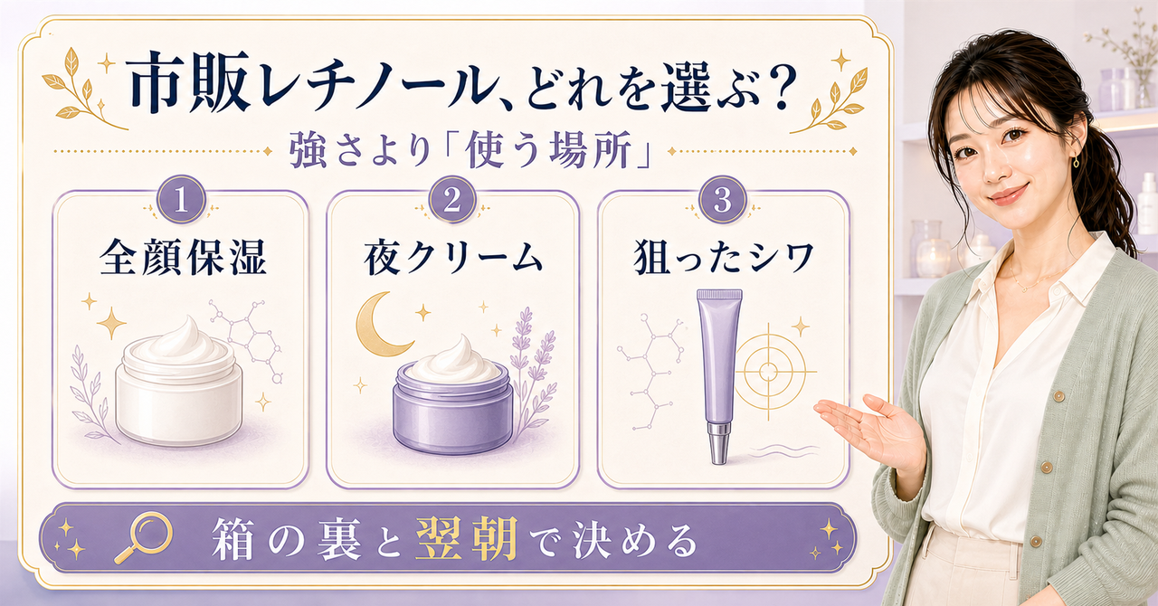 市販レチノールを全顔保湿・夜クリーム・狙ったシワの使う場所で選ぶ比較ボード