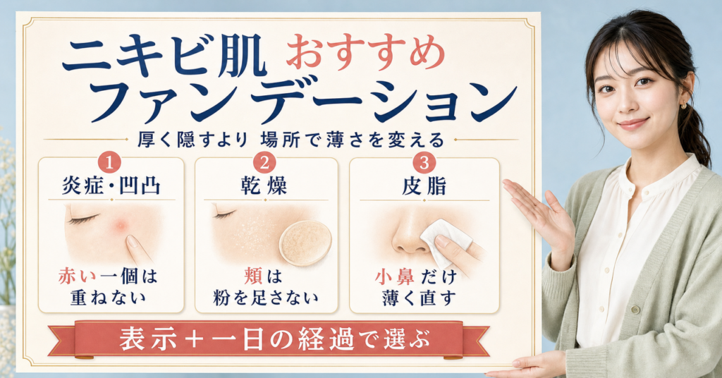 ニキビ肌のファンデーションを炎症・乾燥・皮脂の場所別に選ぶ美容解説ボード