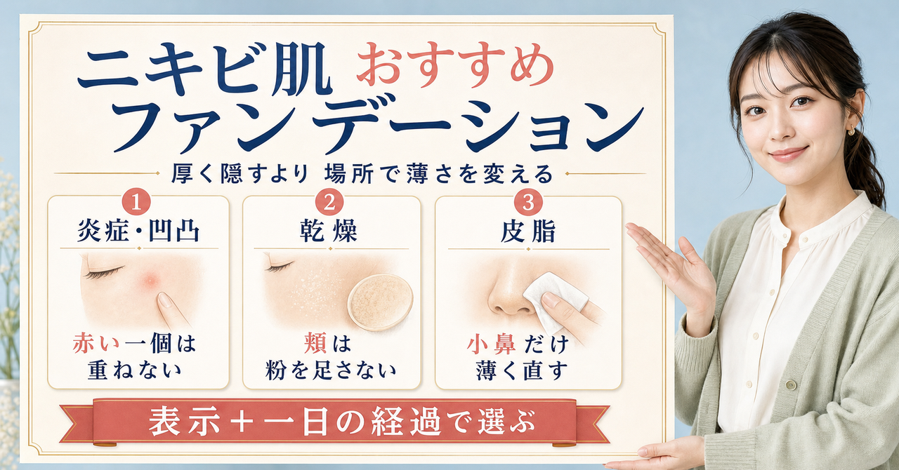 ニキビ肌のファンデーションを炎症・乾燥・皮脂の場所別に選ぶ美容解説ボード