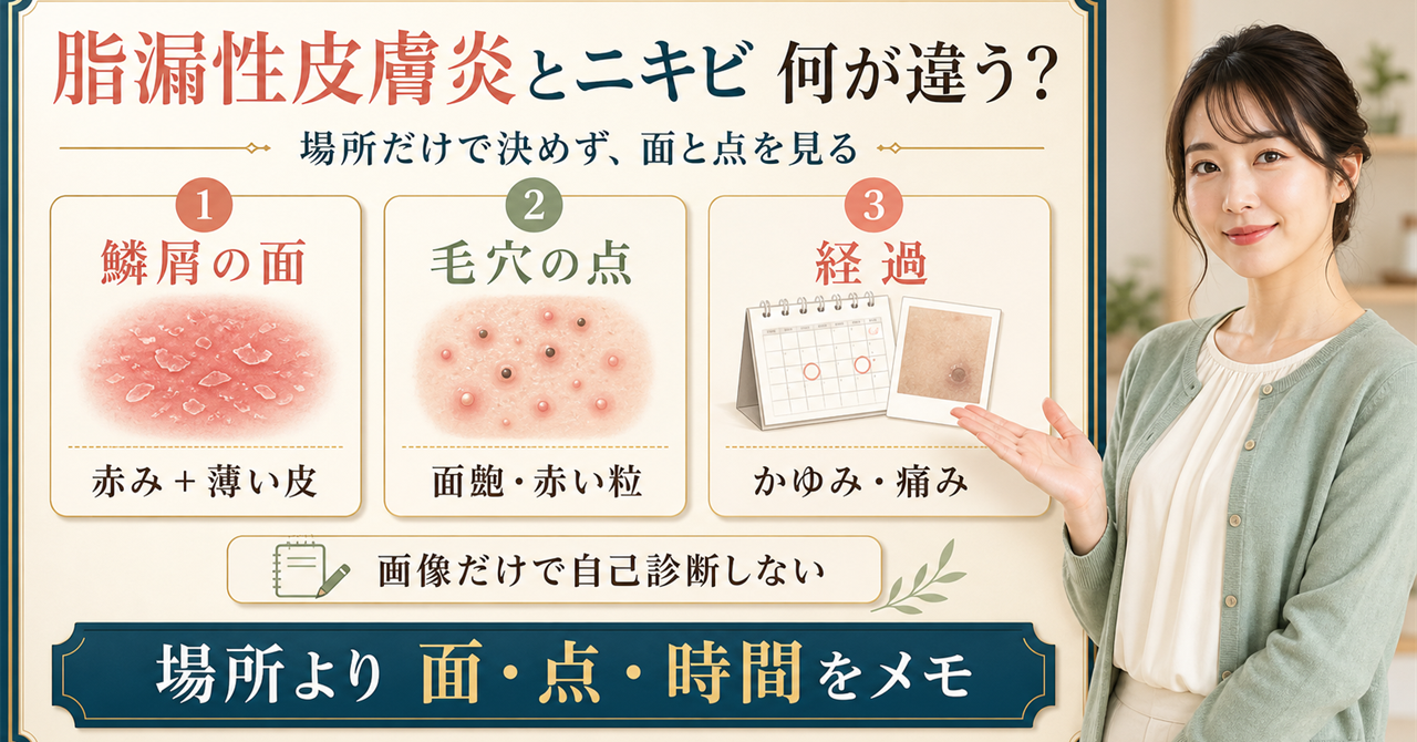 脂漏性皮膚炎とニキビを鱗屑の面・毛穴の点・経過で比較する美容ボード