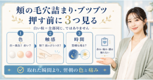 頬の毛穴詰まりとブツブツを色・触感・時間で見分ける美容解説ボード