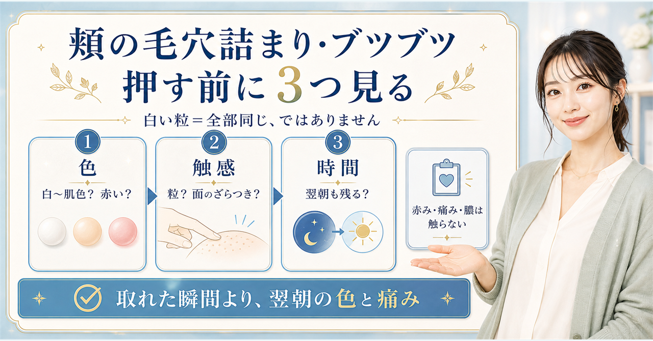 頬の毛穴詰まりとブツブツを色・触感・時間で見分ける美容解説ボード