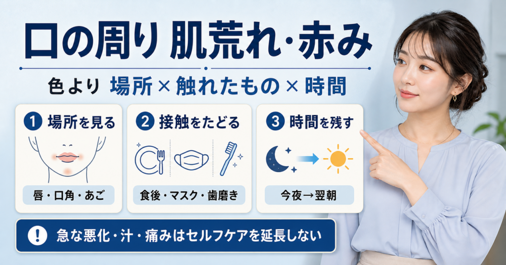 口の周りの肌荒れと赤みを場所・接触物・時間で観察する美容解説ボード