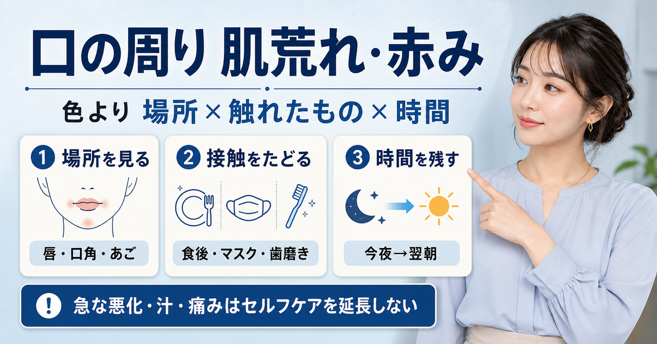 口の周りの肌荒れと赤みを場所・接触物・時間で観察する美容解説ボード