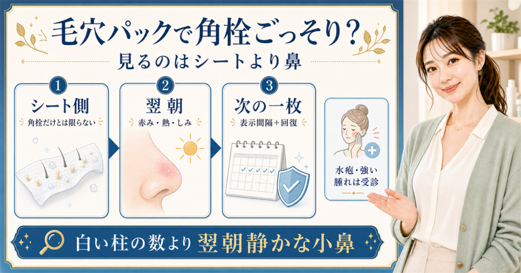 毛穴パック後のシート・翌朝の鼻・次の使用間隔を確認する美容解説ボード
