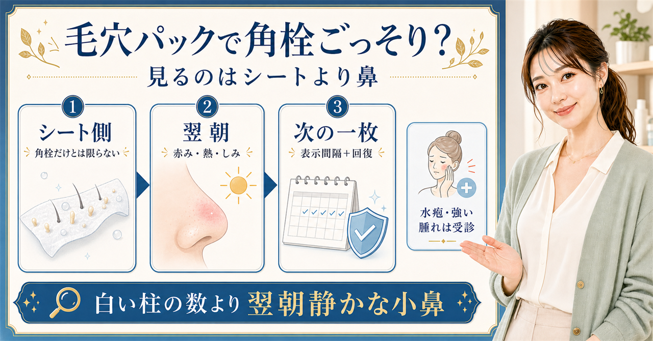 毛穴パック後のシート・翌朝の鼻・次の使用間隔を確認する美容解説ボード