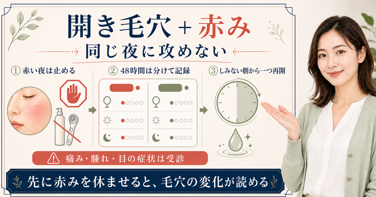 毛穴の開きと赤みを同じ夜に攻めず、止める・48時間記録・再開の順を示す図