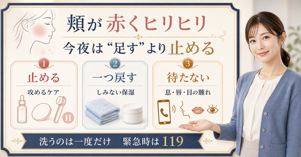 頬が赤くヒリヒリする夜に、止めるケア・一つ戻す保湿・119の境界を示すBeauty Board