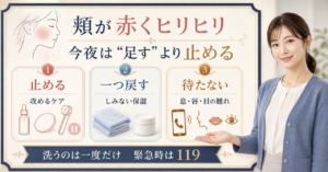 頬が赤くヒリヒリする夜に、止めるケア・一つ戻す保湿・119の境界を示すBeauty Board