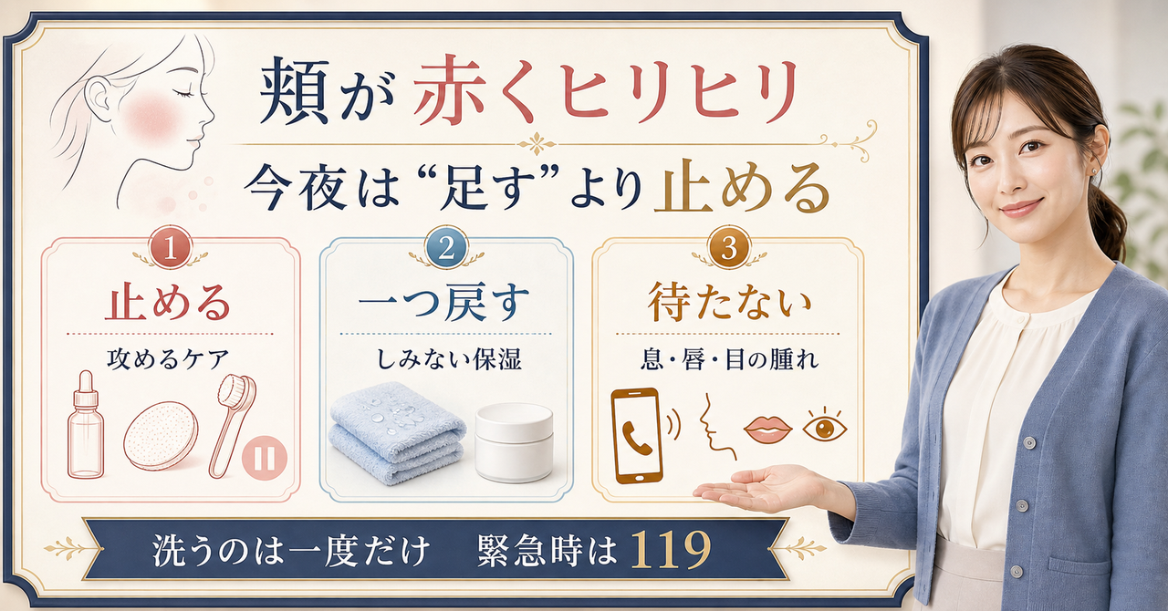 頬が赤くヒリヒリする夜に、止めるケア・一つ戻す保湿・119の境界を示すBeauty Board