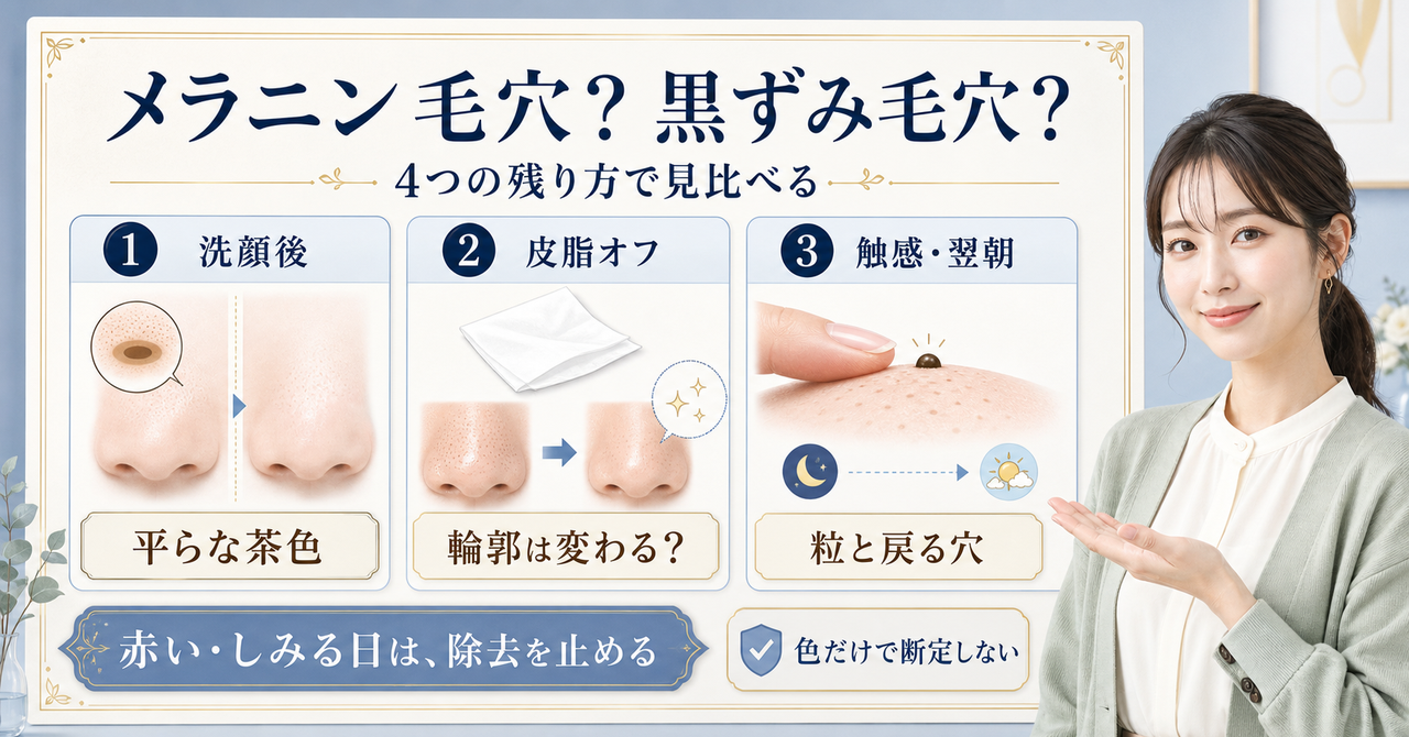 メラニン毛穴と黒ずみ毛穴を洗顔後、皮脂オフ、触感と翌朝の3カードで見分けるBeauty Board