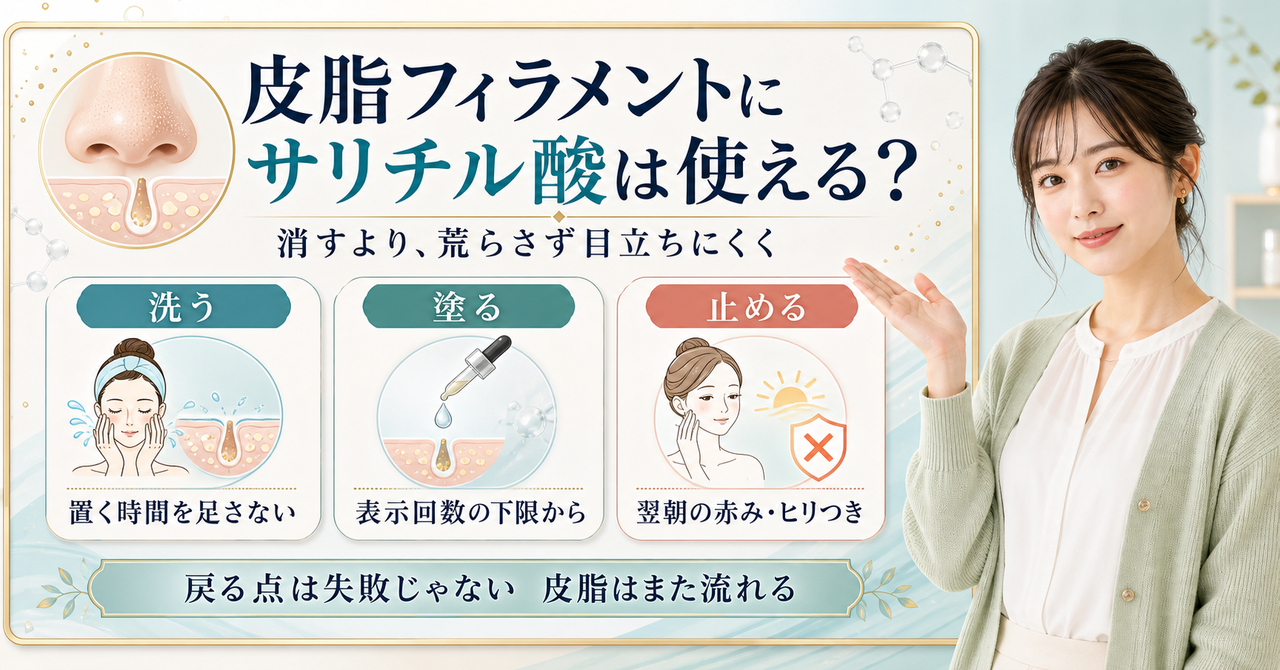 皮脂フィラメントへのサリチル酸を、洗う・塗る・止めるの3分岐で示すBeauty Board