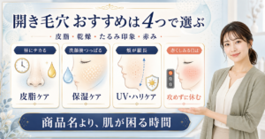 開き毛穴のおすすめケアを、昼の皮脂、洗顔後の乾燥、頬のたるみ印象、赤みで選ぶBeauty Board
