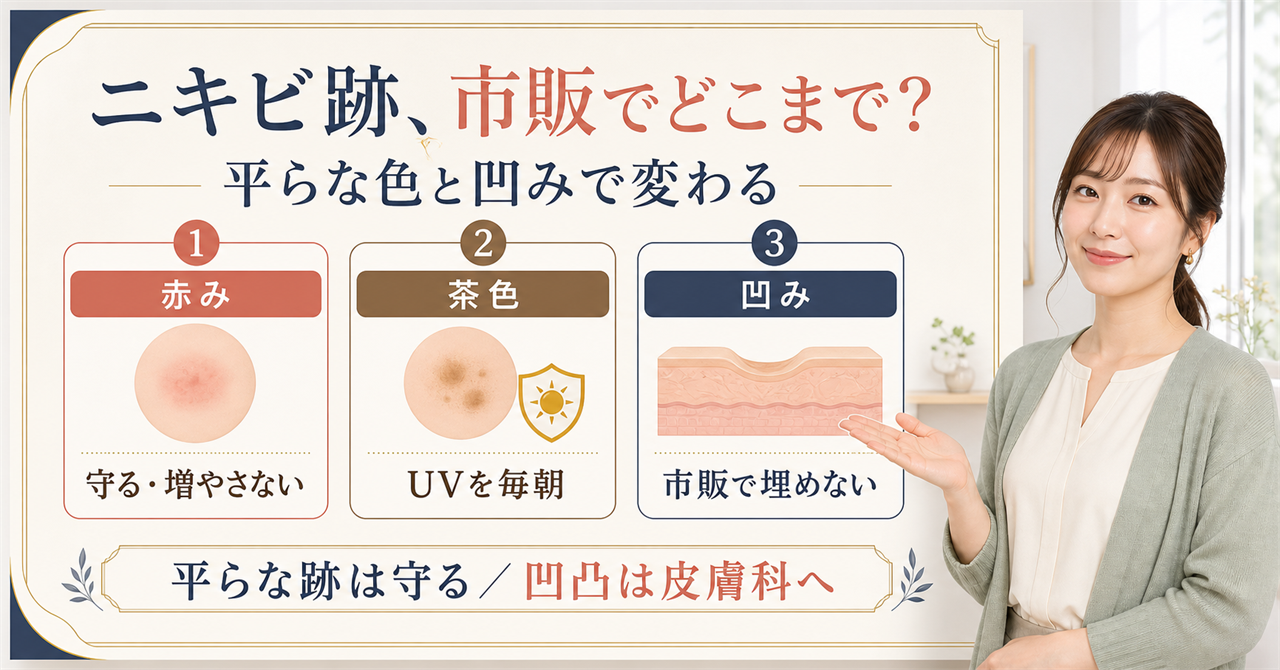 ニキビ跡の赤み・茶色・凹みを分け、市販ケアと皮膚科の境界を示すBeauty Board