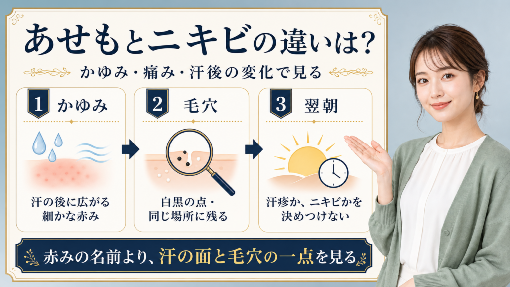 あせもとニキビの違いをかゆみや汗後の広がり、毛穴で見分ける美容ボード