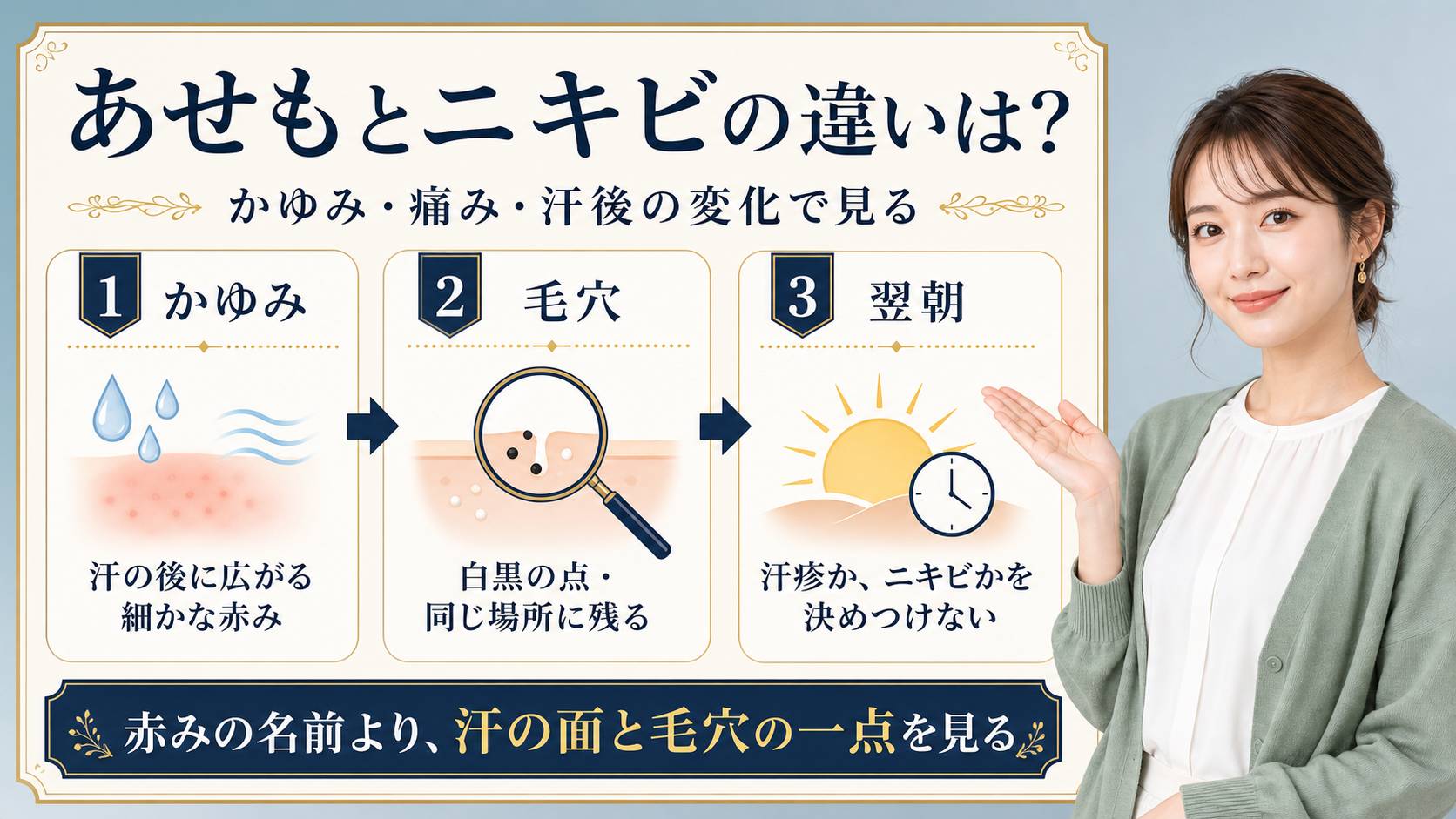あせもとニキビの違いをかゆみや汗後の広がり、毛穴で見分ける美容ボード