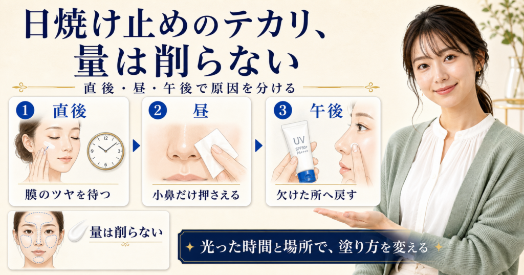 日焼け止めの皮脂テカリ防止はどう選ぶ？塗る量と崩れた部位で見直すの検索クエリ起点ビューティーボード