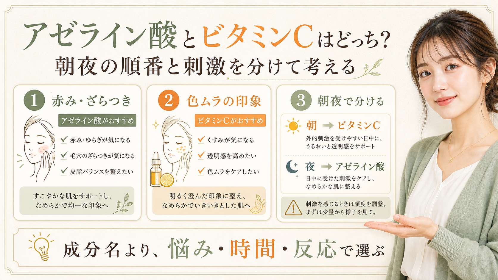 アゼライン酸とビタミンCはどっち？朝夜の順番と刺激を分けて考えるの検索クエリ起点ビューティーボード