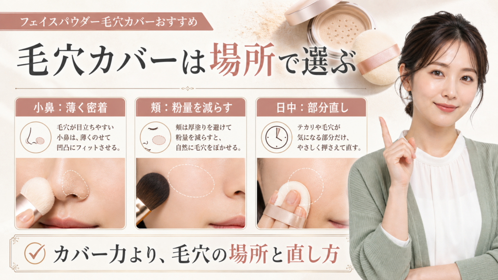 毛穴カバー用フェイスパウダーの選び方｜粉を置く場所と崩れ方で判断の検索クエリ起点ビューティーボード