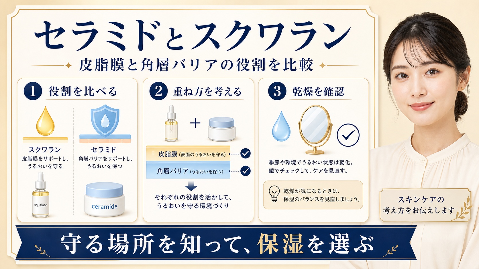 セラミドとスクワランの役割を皮脂膜、角層バリア、乾燥で比較するアイキャッチ