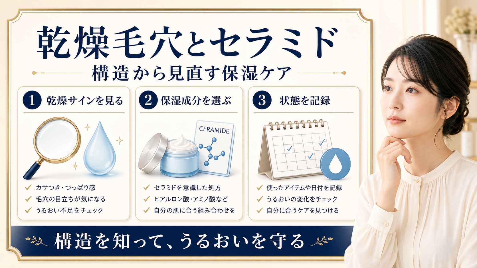 乾燥毛穴とセラミドを乾燥サイン、保湿成分、状態記録で見直すアイキャッチ