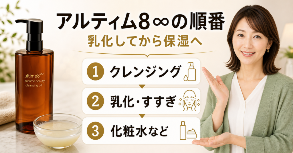 アルティム8∞を朝夜のスキンケアに入れる順番を示すアイキャッチ