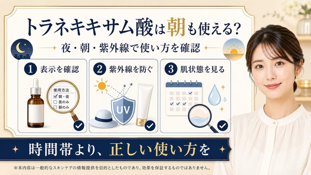 トラネキサム酸の朝夜使用を表示確認、紫外線対策、肌状態で見直すアイキャッチ