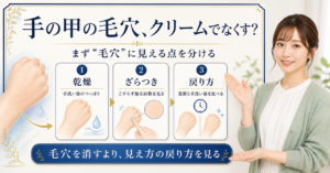 手の甲の毛穴をなくすクリームは？ドラッグストアで選ぶ見方を示すアイキャッチ