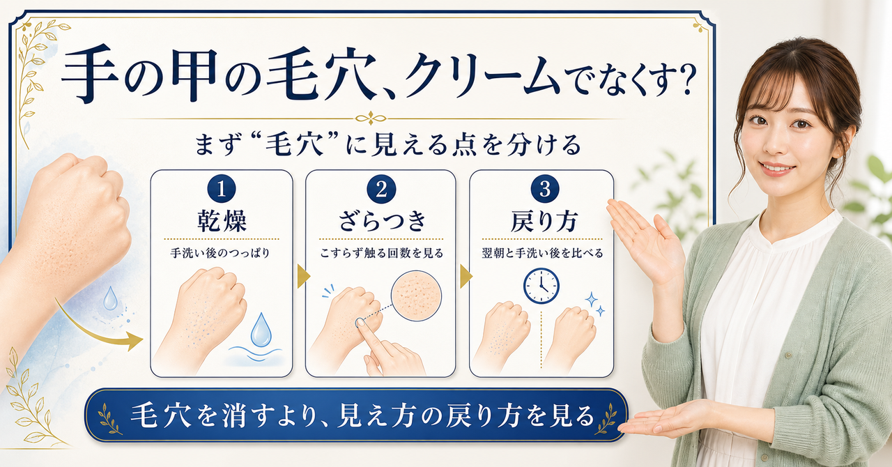 手の甲の毛穴をなくすクリームは？ドラッグストアで選ぶ見方を示すアイキャッチ
