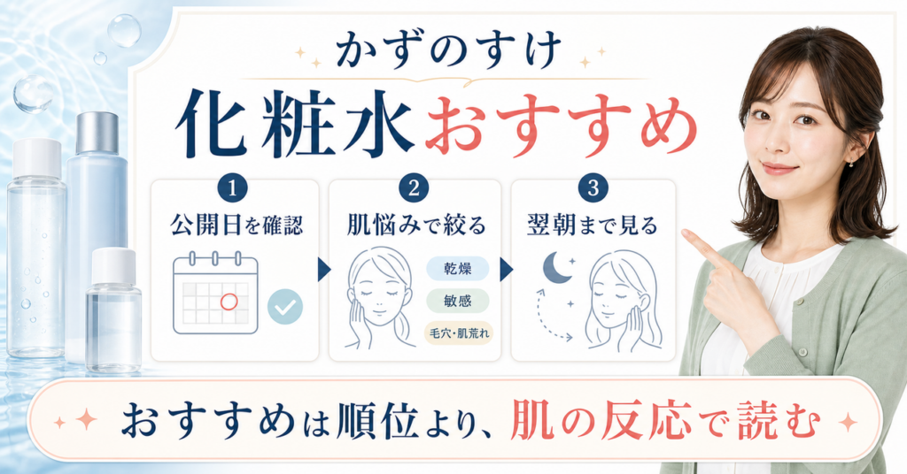 かずのすけ化粧水おすすめはどう選ぶ？紹介情報と肌の返事の見方を示すアイキャッチ
