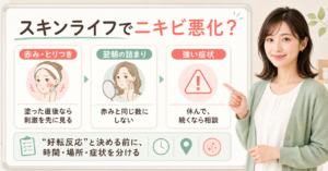 スキンライフでニキビが悪化した？使用後の見分け方と戻し方を示すアイキャッチ