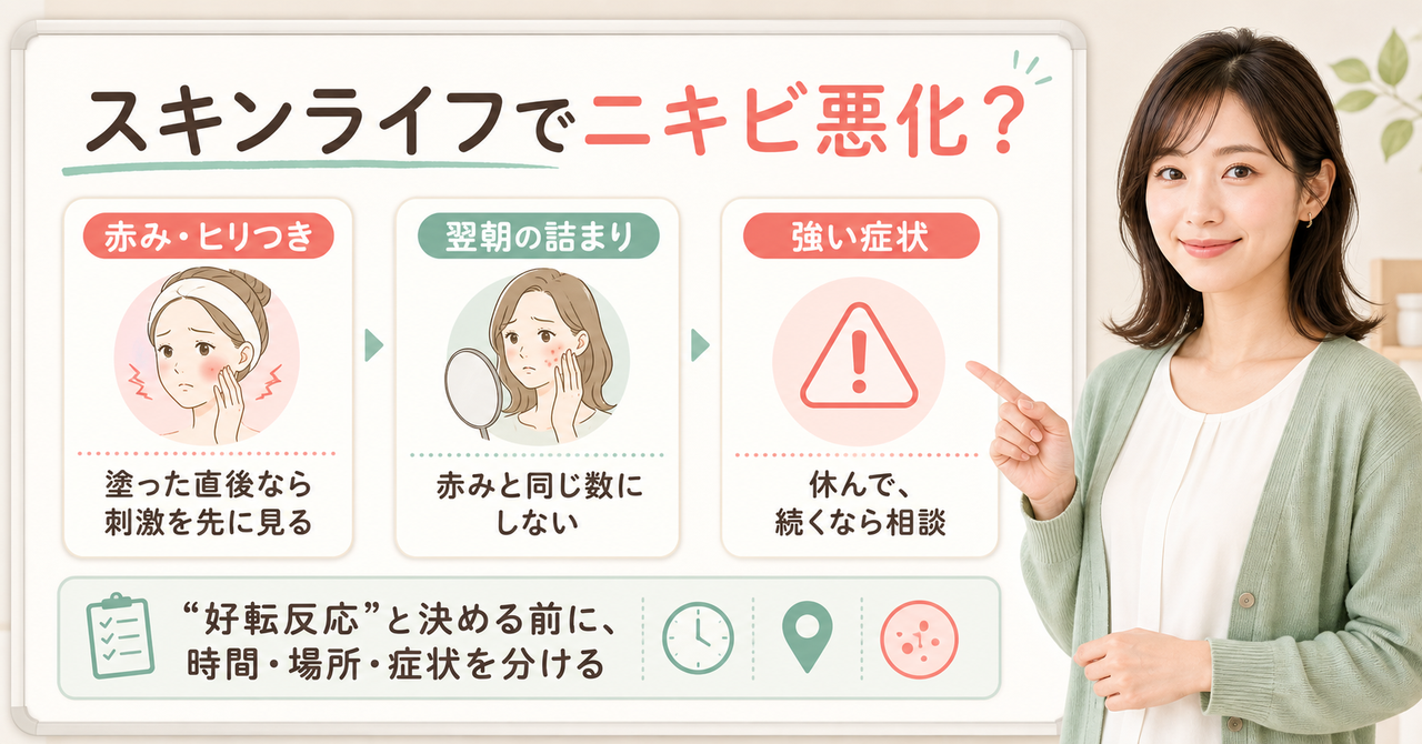 スキンライフでニキビが悪化した？使用後の見分け方と戻し方を示すアイキャッチ