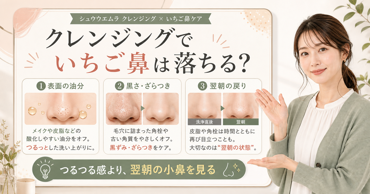 シュウウエムラクレンジングでいちご鼻?小鼻の見方と使い方を示すアイキャッチ