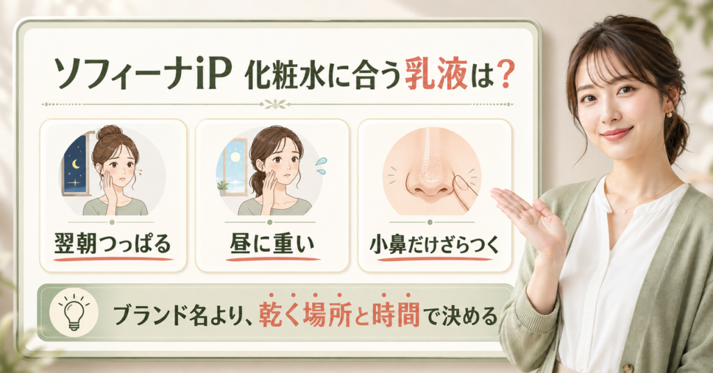 ソフィーナiP化粧水に合う乳液は？膜感と乾きで選ぶ見方を示すアイキャッチ