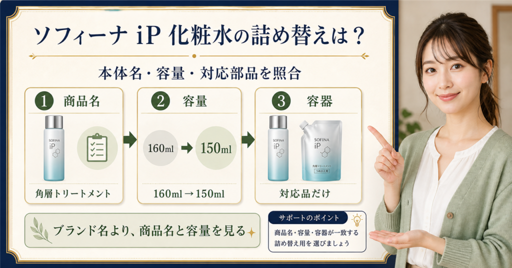 ソフィーナiP化粧水の詰め替えは？容量と容器を確認する方法を示すアイキャッチ