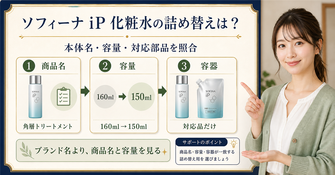ソフィーナiP化粧水の詰め替えは？容量と容器を確認する方法を示すアイキャッチ