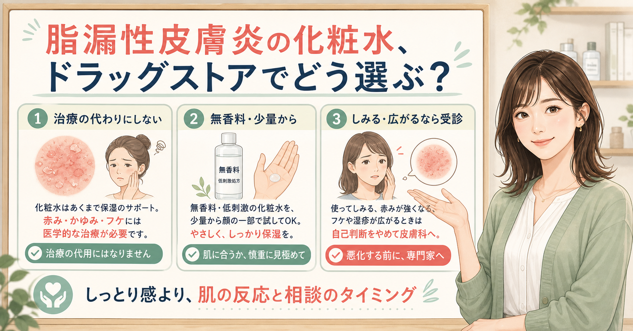 脂漏性皮膚炎の化粧水はドラッグストアでどう選ぶ？刺激を避ける見方を示すアイキャッチ