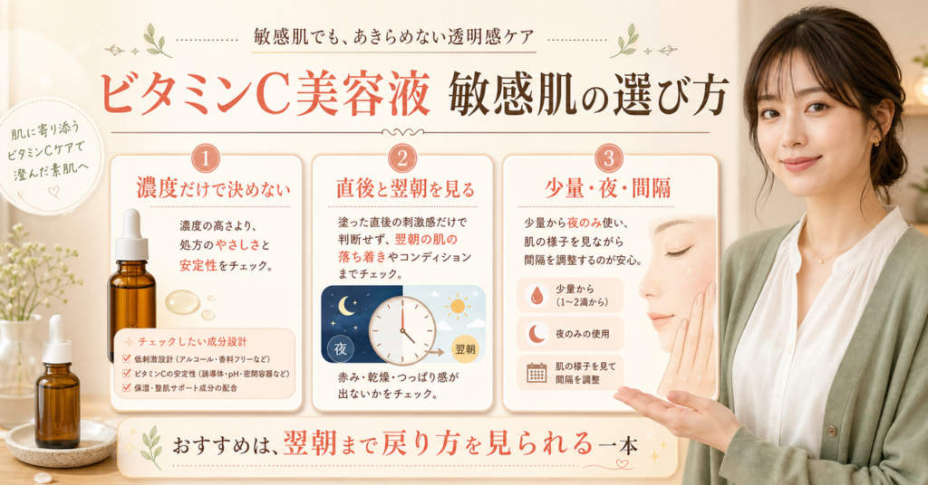 ビタミンC美容液を敏感肌が選ぶには？濃度より反応を見る方法を示すアイキャッチ