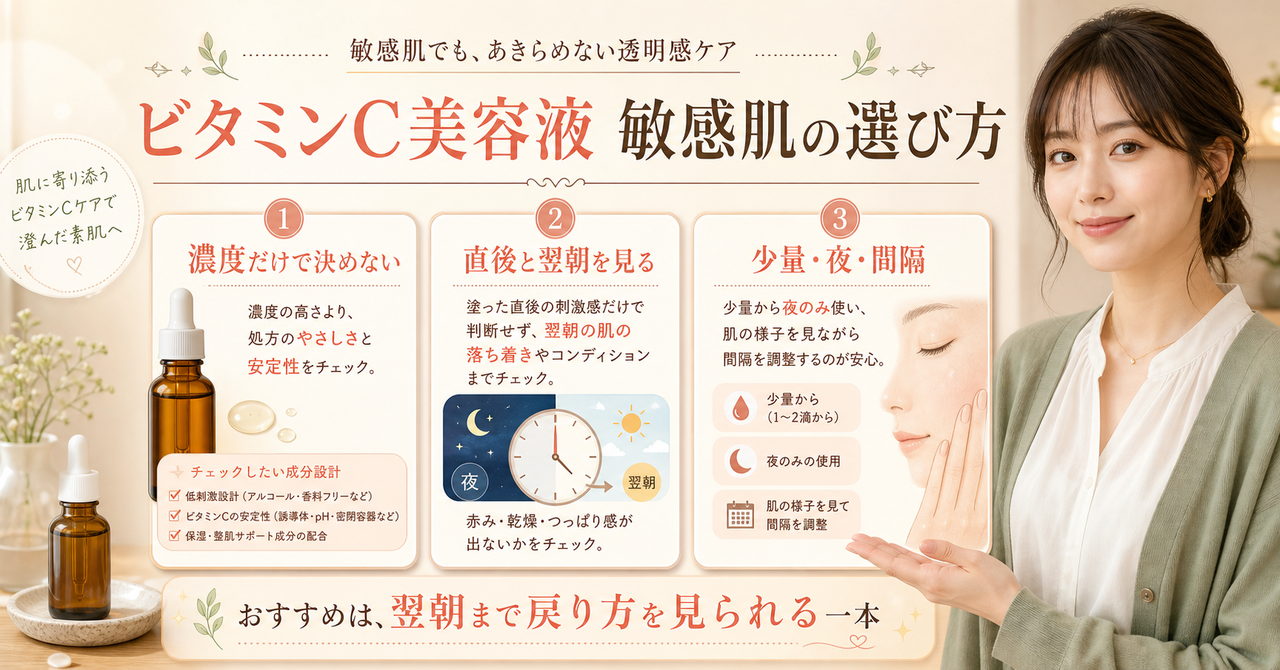 ビタミンC美容液を敏感肌が選ぶには？濃度より反応を見る方法を示すアイキャッチ