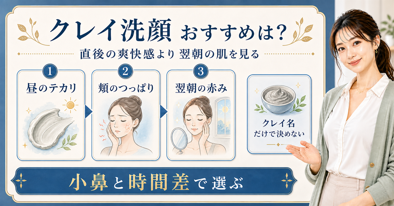 洗顔クレイおすすめは?使用時間と翌朝の乾きで選ぶ方法を示すアイキャッチ