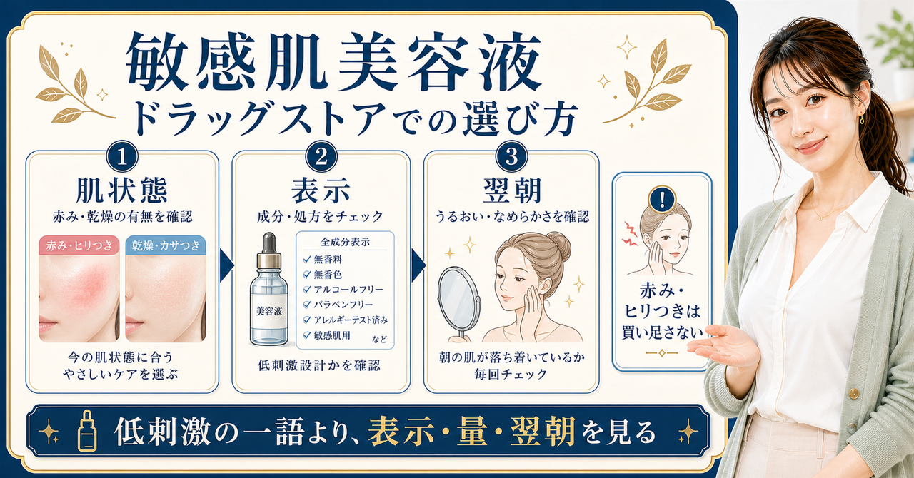 敏感肌美容液をドラッグストアで選ぶ方法|成分表示と肌状態の見方を示すアイキャッチ