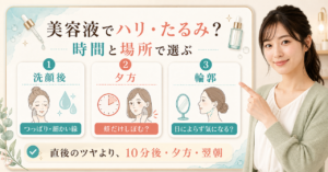 美容液でハリ・たるみを考えるには？部位と時間で選ぶ見方を示すアイキャッチ