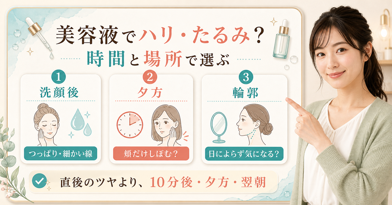 美容液でハリ・たるみを考えるには?部位と時間で選ぶ見方を示すアイキャッチ