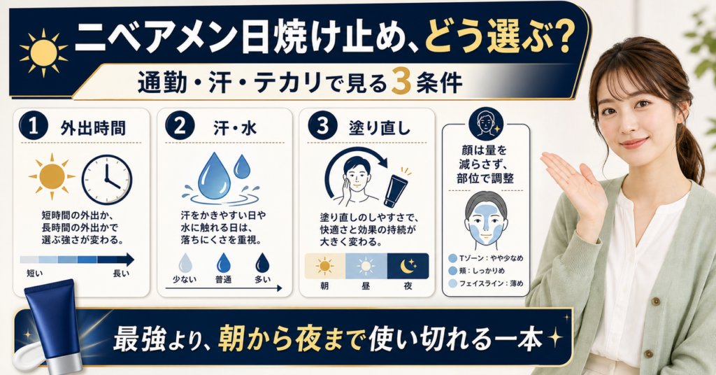 日焼け止めはニベアのメンズでどう選ぶ？白浮きと落とし方の見方を示すアイキャッチ