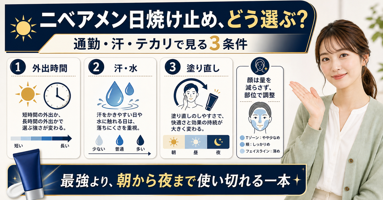 日焼け止めはニベアのメンズでどう選ぶ?白浮きと落とし方の見方を示すアイキャッチ