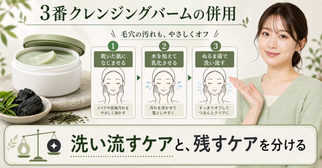 numbuzin 3番クレンジングバームの併用を乾いた肌・乳化・洗い流しで整理する図解