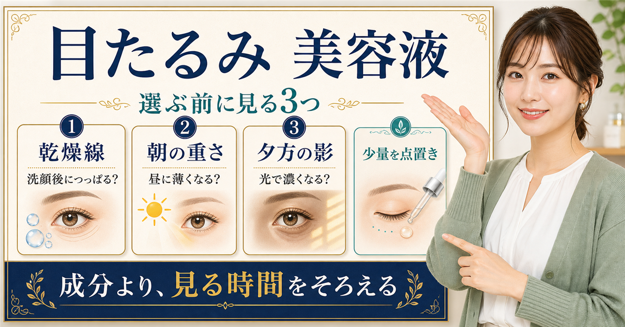 目たるみ美容液を乾燥線・朝の重さ・夕方の影で選ぶ図解